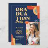 レトロブルー&ベージュ卒業パーティー招待状 招待状 (正面/裏面)