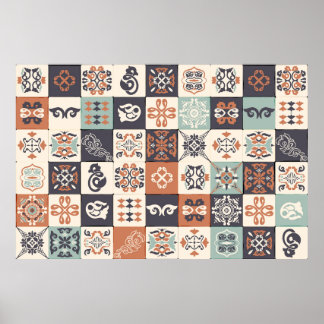 レトロブルー，白とオレンジのアズレヨスパターンリザ ポスター