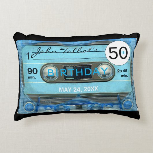 レトロブルーT4オーディオテープ50誕生日A枕 アクセントクッション (正面)
