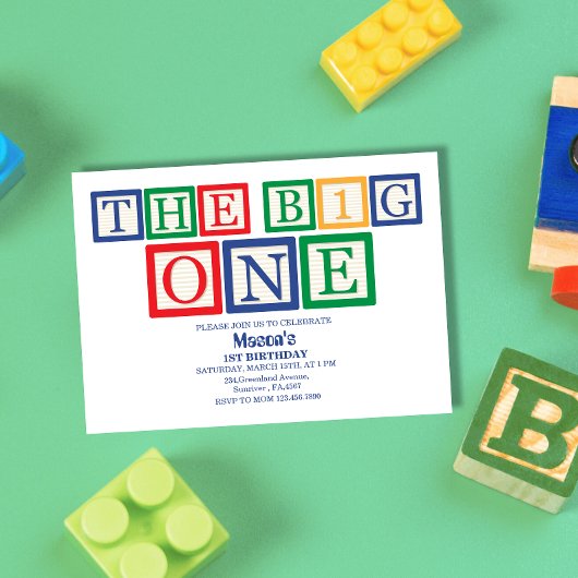 レトロブロック文字で「The Big One」ファーストバースデー 招待状