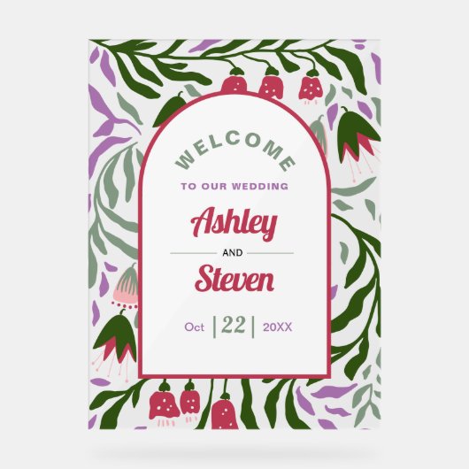 レトロブーホーアーチ、民俗花を歓迎結婚する アクリルサイン (正面)