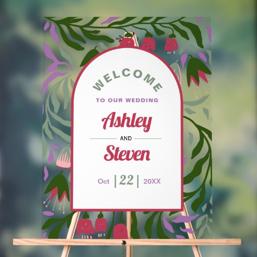 レトロブーホーアーチ、民俗花を歓迎結婚する アクリルサイン (ニュートラル)