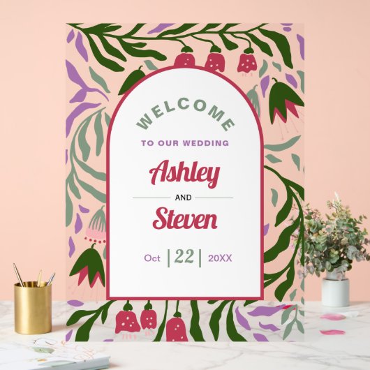 レトロブーホーアーチ、民俗花を歓迎結婚する アクリルサイン (ウェディング)