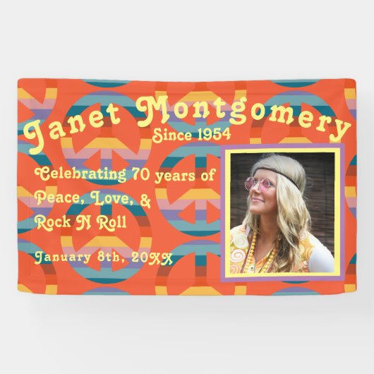 レトロブーマーレインボーピースサインフォト誕生日 横断幕 (横)