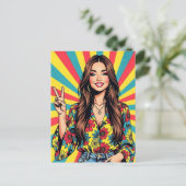 レトロブーマーHippieレディ与えズピースサイン ポストカード (スタンド正面)