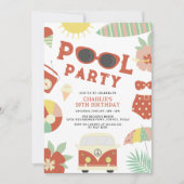 レトロプールパーティーモダンガール誕生日 招待状 (正面)