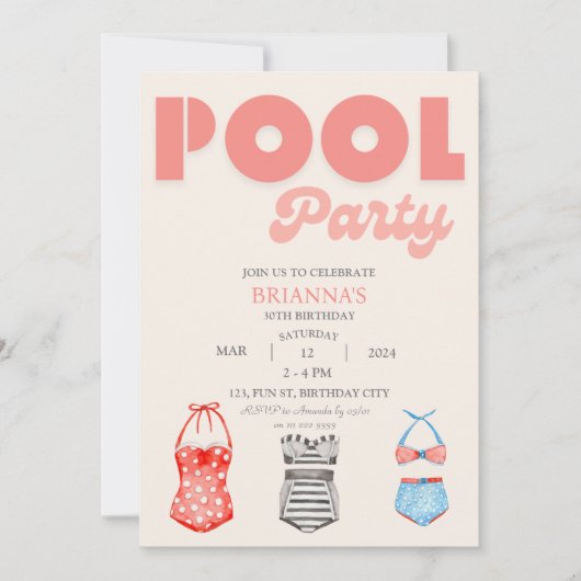 レトロプールパーティー女性サマー誕生日 招待状 (正面)