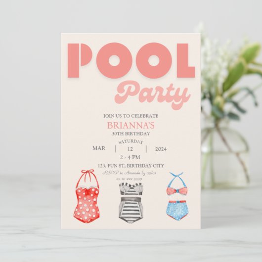 レトロプールパーティー女性サマー誕生日 招待状 (スタンド正面)