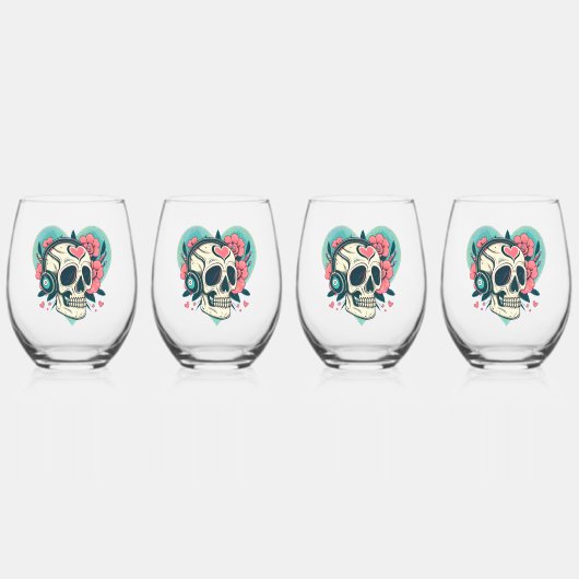 レトロヘッドフォンハートスカル ステムなしワイングラス (正面)