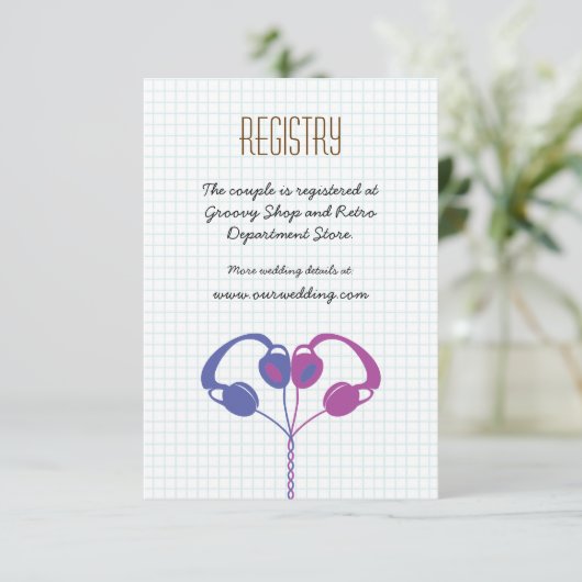 レトロヘッドフォンハート結婚音楽のパープルインディゴ エンクロージャーカード (スタンド正面)