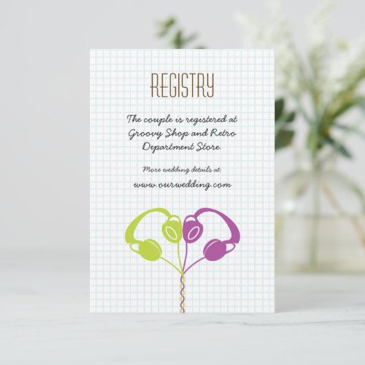 レトロヘッドフォンハート結婚音楽の紫ライム エンクロージャーカード (スタンド正面)