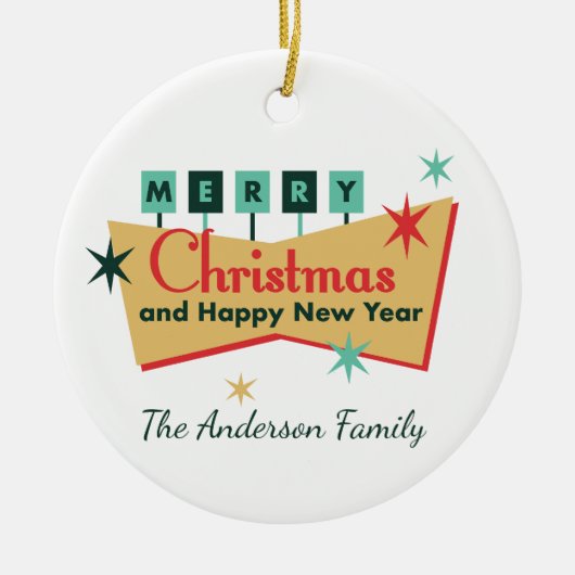 レトロベガススタイルメリークリスマスファミリー名 セラミックオーナメント (正面)