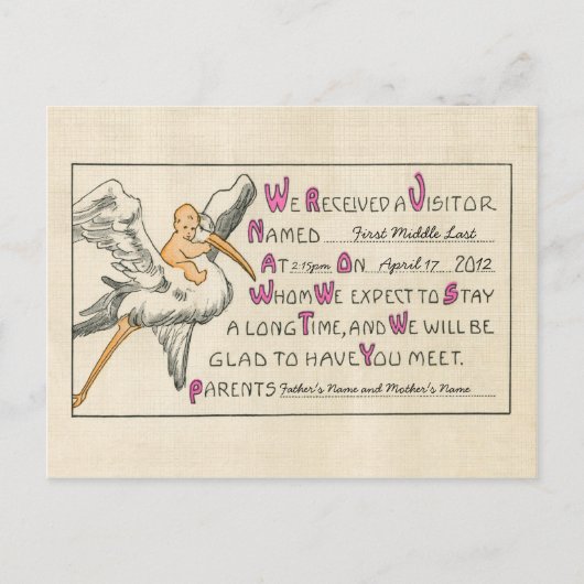 レトロベビーガール&ストーク両親の誕生のお知らせ 案内ポストカード (正面)