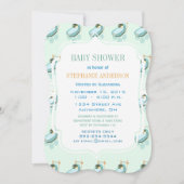 レトロベビーミントグリーンブルーコーラルベビー乳母車シャワー 招待状 (正面)