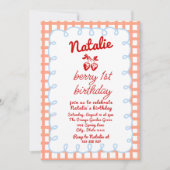 レトロベリー第1手描きイチゴ誕生日 招待状 (正面)