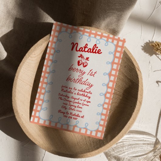 レトロベリー第1手描きイチゴ誕生日 招待状