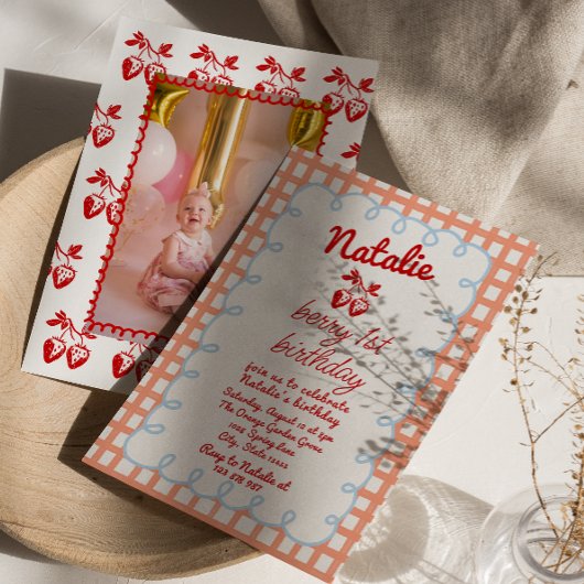 レトロベリー1stいちご描フォト誕生日 招待状