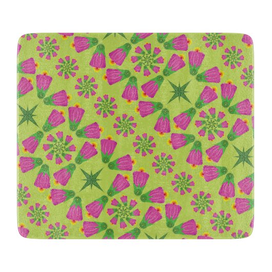 レトロベルフラワーマンダラスグリーンガラス板 カッティングボード (正面)