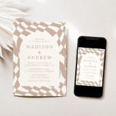 レトロベージュチェッカーボードフォト結婚ズ 招待状