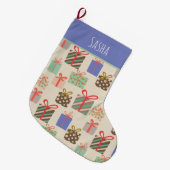 レトロペリウィンクルパーソナライズされたクリスマス ラージクリスマスストッキング (正面 (吊り時))