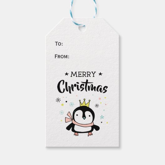 レトロペンギンメリークリスマス金ゴールドクラウン ギフトタグ (正面)