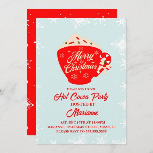 レトロホットココアスノーフレークスクリスマスパーティー 招待状 (正面/裏面)