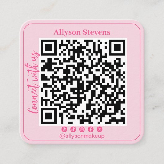 レトロホットピンクソーシャルメディアQRコードフォトロゴ スクエア名刺 (正面)