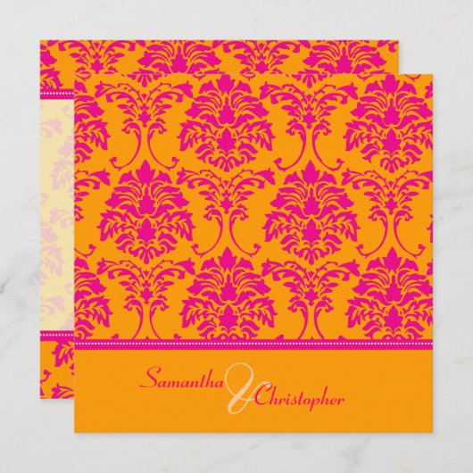 レトロホットピンクダマスク結婚式招待状 招待状 (正面/裏面)