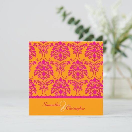 レトロホットピンクダマスク結婚式招待状 招待状 (スタンド正面)