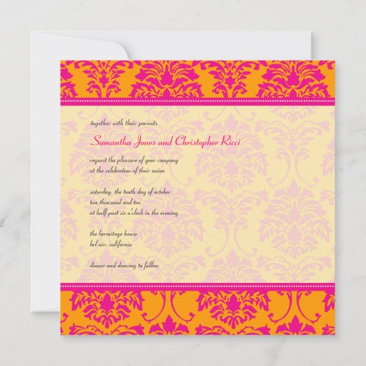 レトロホットピンクダマスク結婚式招待状 招待状 (裏面)