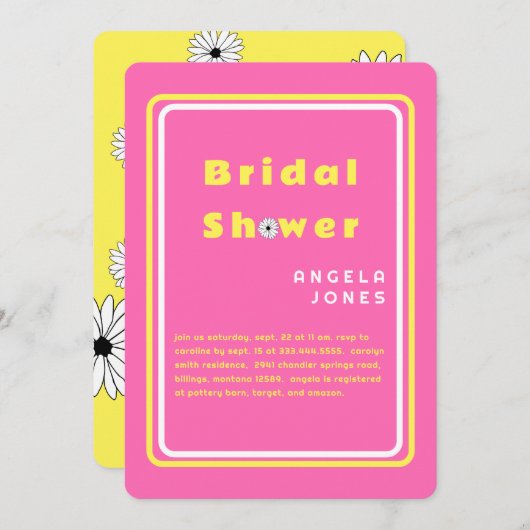 レトロホットピンク/イエローデイジーブライダルシャワーInvi 招待状 (正面/裏面)