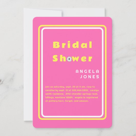 レトロホットピンク/イエローデイジーブライダルシャワーInvi 招待状 (正面)