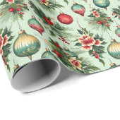 レトロホリデーオーナメントとフラワークリスマス ラッピングペーパー (ロールコーナー)