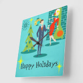 レトロホリデーカートゥーンカップルの壁時計 スクエア壁時計 (傾斜)