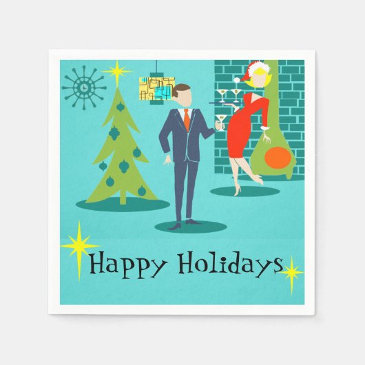 レトロホリデーカートゥーンカップルカクテルナプキンズ スタンダードカクテルナプキン (正面)