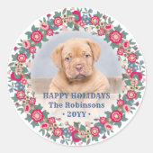 レトロホリデーフローラリースフォトフェスティバル カラフル ラウンドシール (正面)