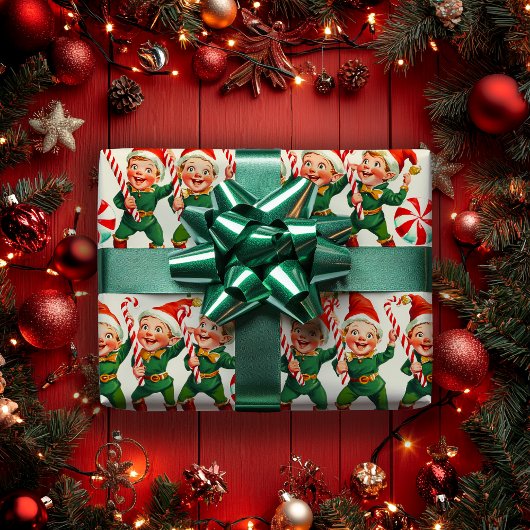 レトロホリーすてきクリスマス小妖精や小人 ラッピングペーパー