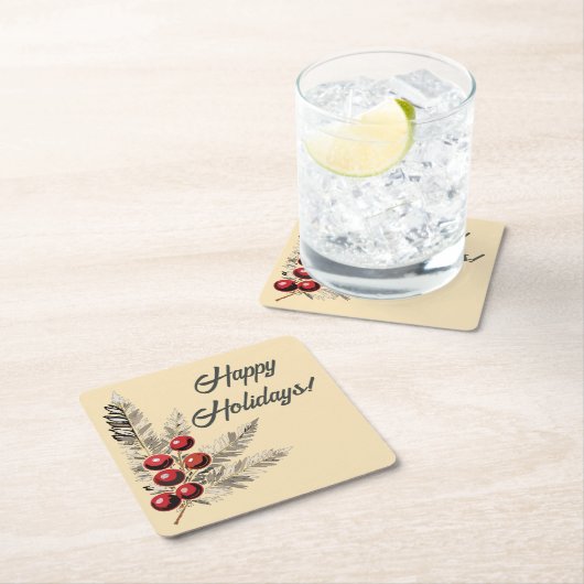 レトロホリーベリーとエバーグリーン スクエアペーパーコースター (インサイチュ)