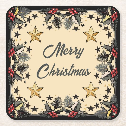 レトロホリーベリーとエバーグリーン スクエアペーパーコースター (正面)