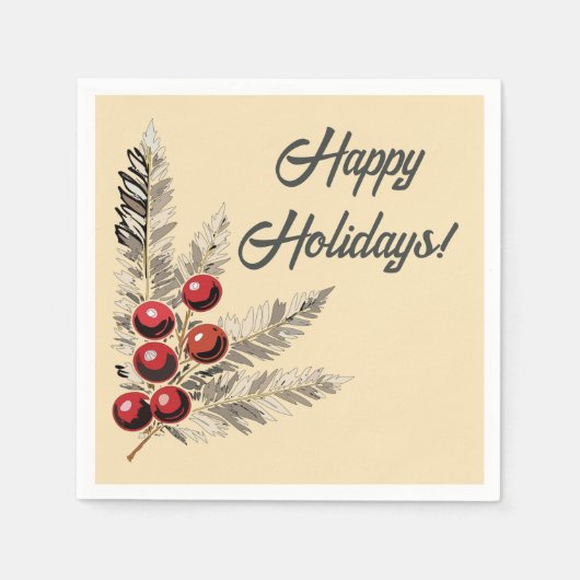 レトロホリーベリーとエバーグリーン スタンダードカクテルナプキン (正面)