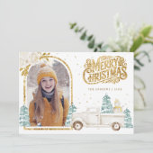 レトロホワイトトラック雪だるま金ゴールドクリスマスフォト シーズンカード (スタンド正面)
