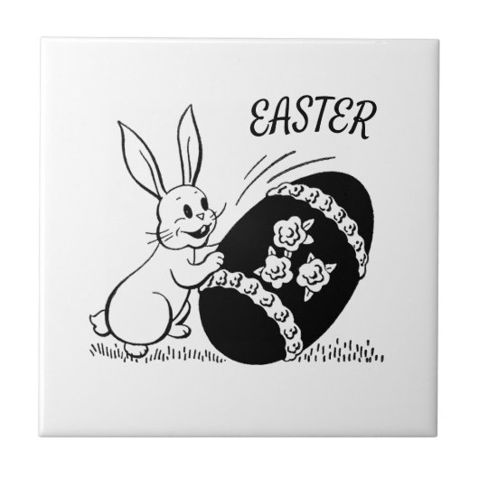 レトロホワイトバニーとイースター卵セラミックタイル タイル (正面)