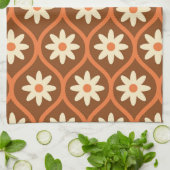 レトロホワイトフラワーオンブラウンミッドセンチュリーオギー キッチンタオル (折り畳み)