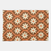 レトロホワイトフラワーオンブラウンミッドセンチュリーオギー キッチンタオル (横)