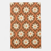 レトロホワイトフラワーオンブラウンミッドセンチュリーオギー キッチンタオル (縦)