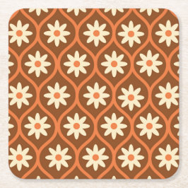 レトロホワイトフラワーオンブラウンヴィンテージオギー スクエアペーパーコースター