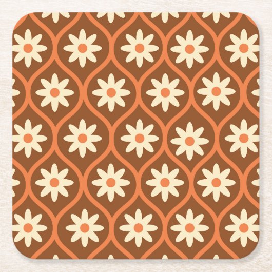 レトロホワイトフラワーオンブラウンヴィンテージオギー スクエアペーパーコースター (正面)