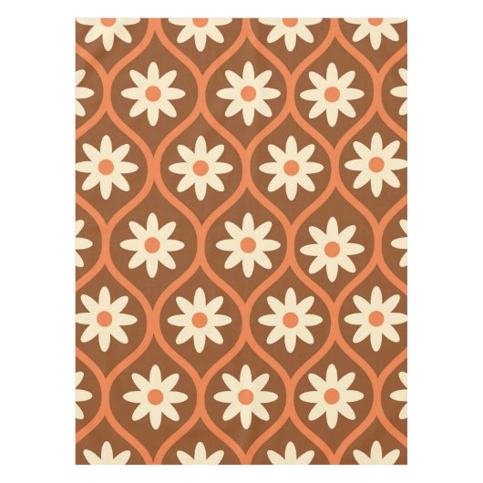 レトロホワイトフラワーオンブラウンヴィンテージオギー テーブルクロス (正面)