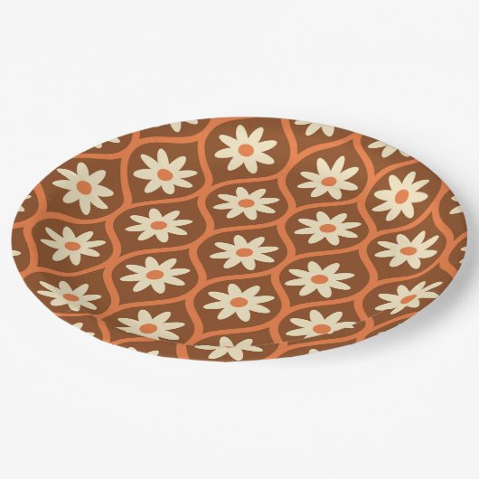 レトロホワイトフラワーオンブラウンヴィンテージオギー ペーパープレート (アングル)