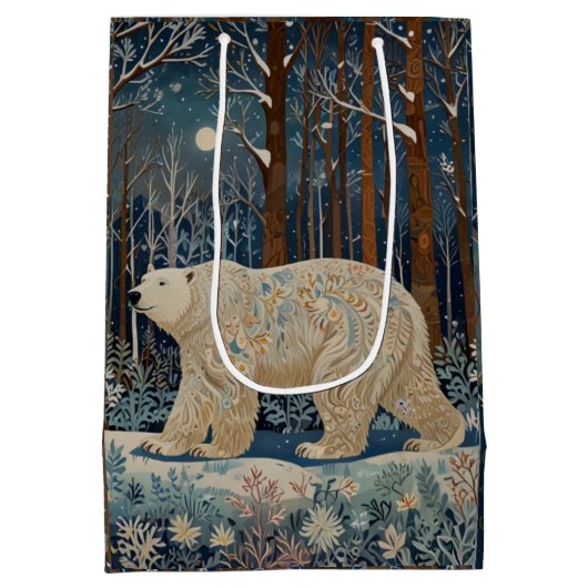 レトロホワイトベアboho winter woodlandパーソナライズ ミディアムペーパーバッグ (裏面)